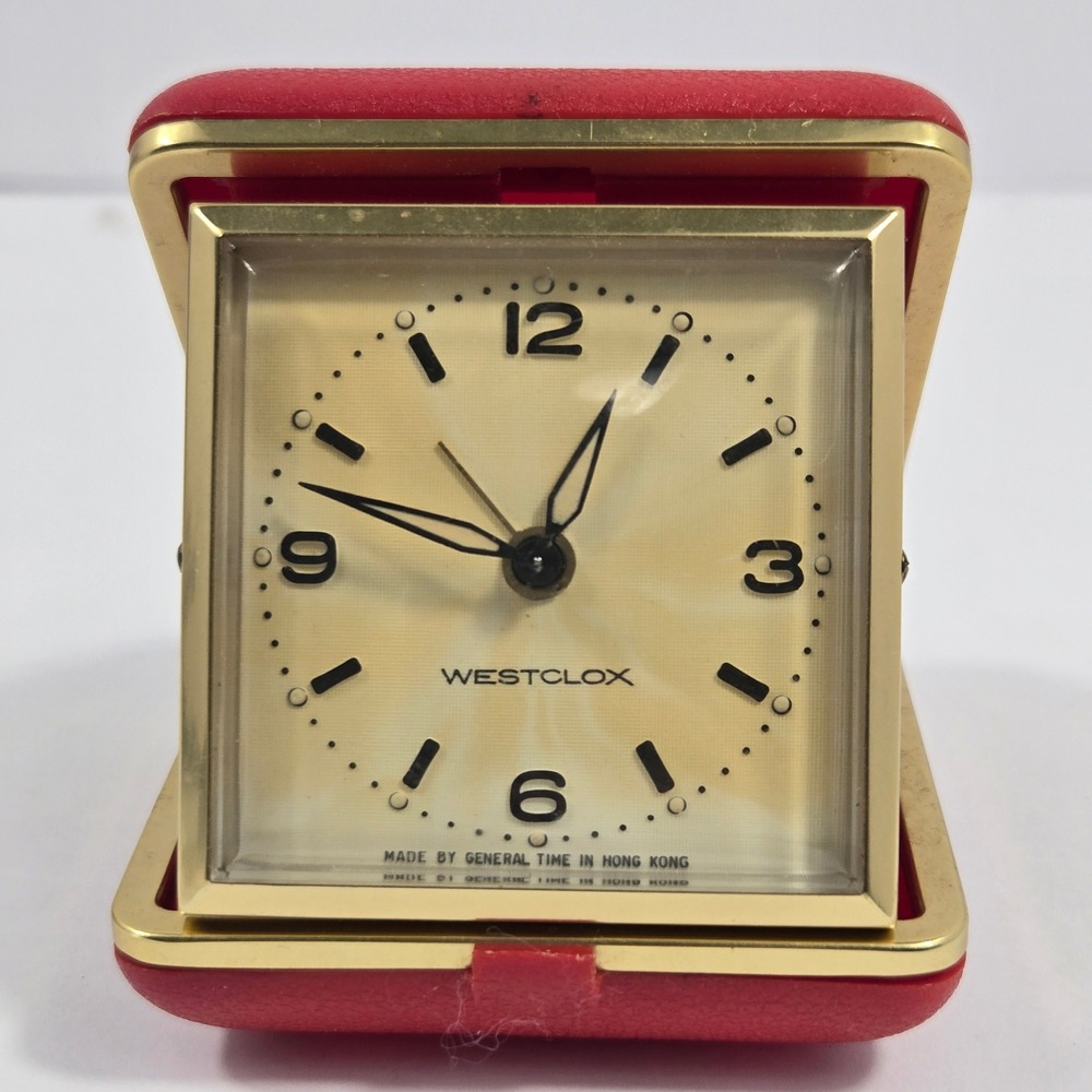 Vintage Westclox Travel Alarm Clock Red Folding Case General Time Hong Kong